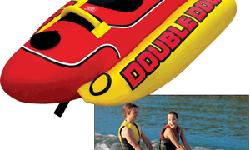 AirheadÂ® Double Dogâ¢We double dog dare you to climb on, hang on and have some serious fun! DOUBLE DOG is built to last; the 30-gauge PVC bladder is completely covered in double-stitched 840-denier nylon, with no exposed vinyl. It has 2 deluxe handles with