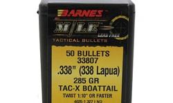 Barnes Tactical Bullets- Caliber: 338 Lapua (.338")- Grain: 285- Bullet: TAC-X Boat Tail- Per 50- Twist 1:10" or FasterSpecs: Bullet Diameter: 338Bullet Type: BTCaliber: 338 LapuaGrain: 285
Manufacturer: Barnes Bullets
Model: 33807
Condition: New
Price:
