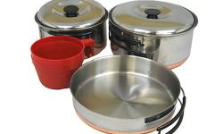 Duo Cookset: Perfect for 1-2 peopleThe premium quality Stainless Steel cooksets are made from very sturdy 18/8 polished stainless steel, making them lightweight and extremely durable for any camping trip. All cooksets nest into a compact package.