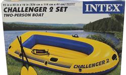 Challenger 2 Set- Two person boat- Capacity: 375 lbs- Rugged super-tough vinyl construction- Three air chambers including an inner auxiliary air chamber in hull for extra buoyancy- Fast-fill, fast-deflate Boston valves on two main hull chambers; doulbe