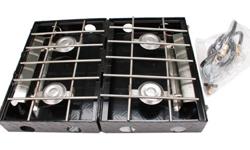 Outfitter Propane Stove- Diamond Plate Stove (Fuel canister not included)Specifications:- Built from rugged 3mm diamond plate steel.- Heavy duty stainless steel cooking grate.- 4 stainless steel 15,000 B.T.U. burners that remove completely for easy
