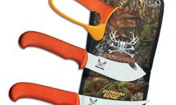 Featuring bright orange handles so you'll never lose your knife again. Lightweight 4-piece combo is ideal for skinning and deboning big game. Includes a 4.25" Gut-Hook Skinner, 4.8" Boning Knife and Carbide sharpener to keep that razor sharp edge. Mossy